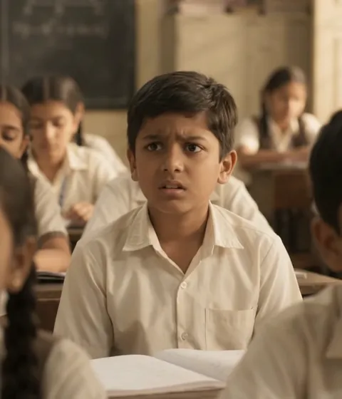 Indian student hesitating to ask a doubt in a crowded classroom