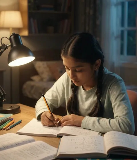 Indian girl exhausted at study desk late at night