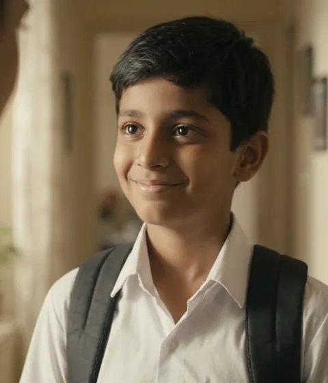 Indian schoolboy smiling to parent then looking worried