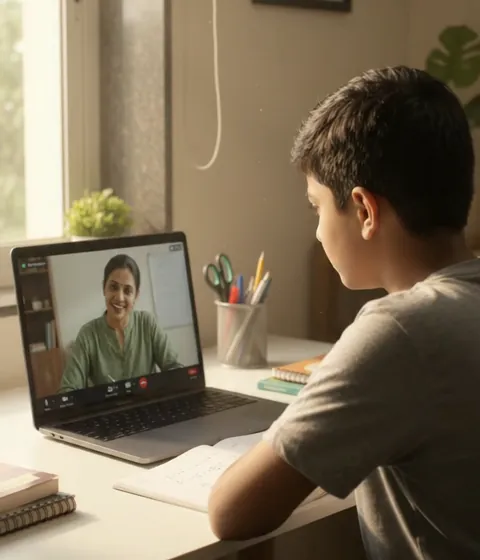 1-on-1 Indian teacher listening patiently to student on laptop