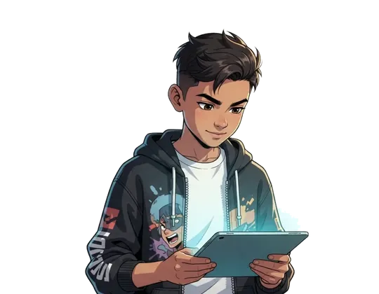 Confident Indian student holding up A+ tablet